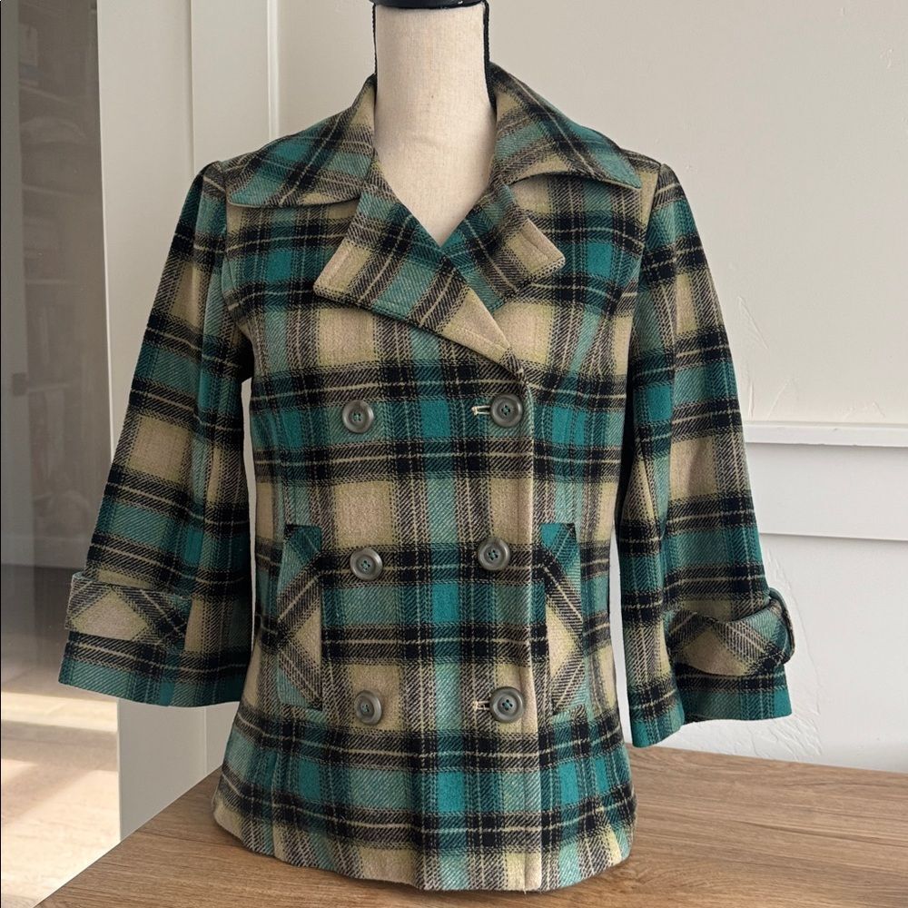 Sundance Women’s Teal Multi Plaid Wool Blend Pea Coat Jacket Cropped Sleeve Sz M